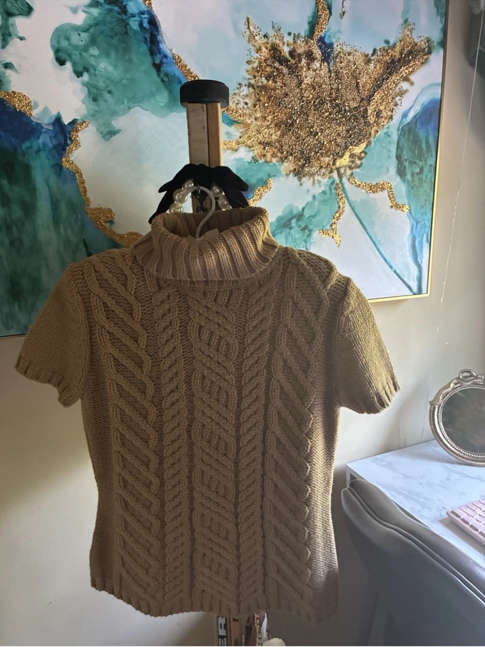 LOFT Cream Cable-Knit Short-Sleeve Turtleneck Sweater